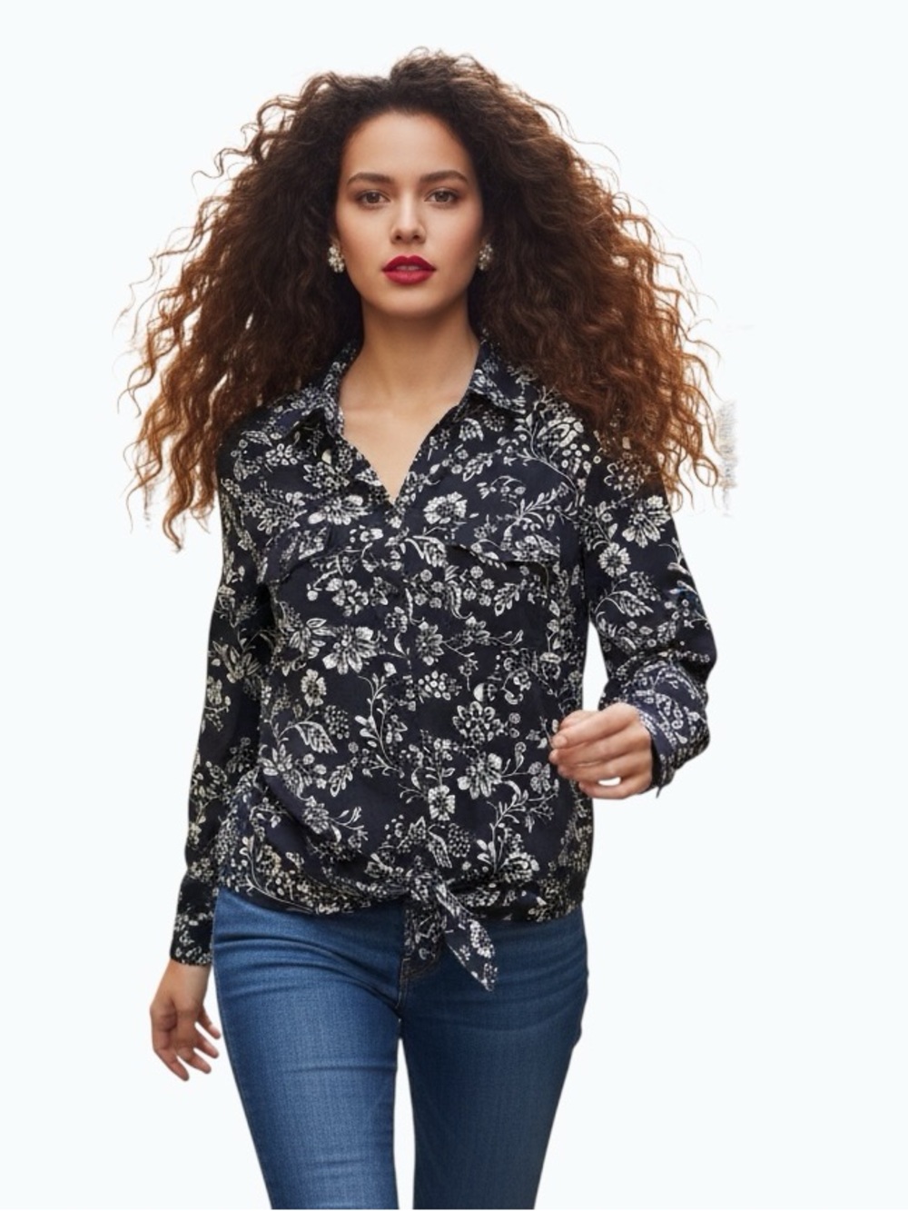 My Style Navy Floral Tie-Front Button Down Shirt Size M